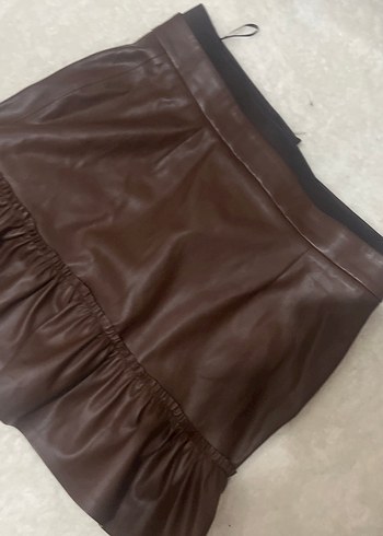 Kahverengi Deri Fırfırlı Midi Etek - Görsel 5