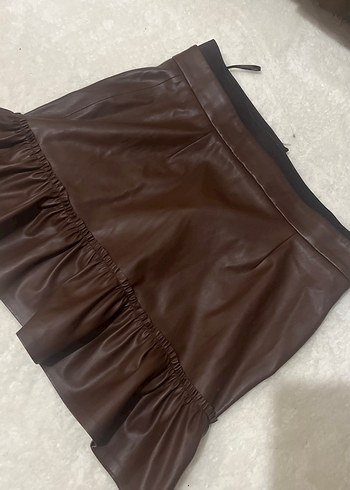 Kahverengi Deri Fırfırlı Midi Etek - Görsel 4