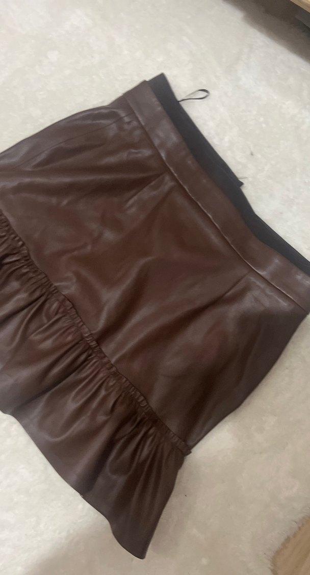Kahverengi Deri Fırfırlı Midi Etek - Görsel 5