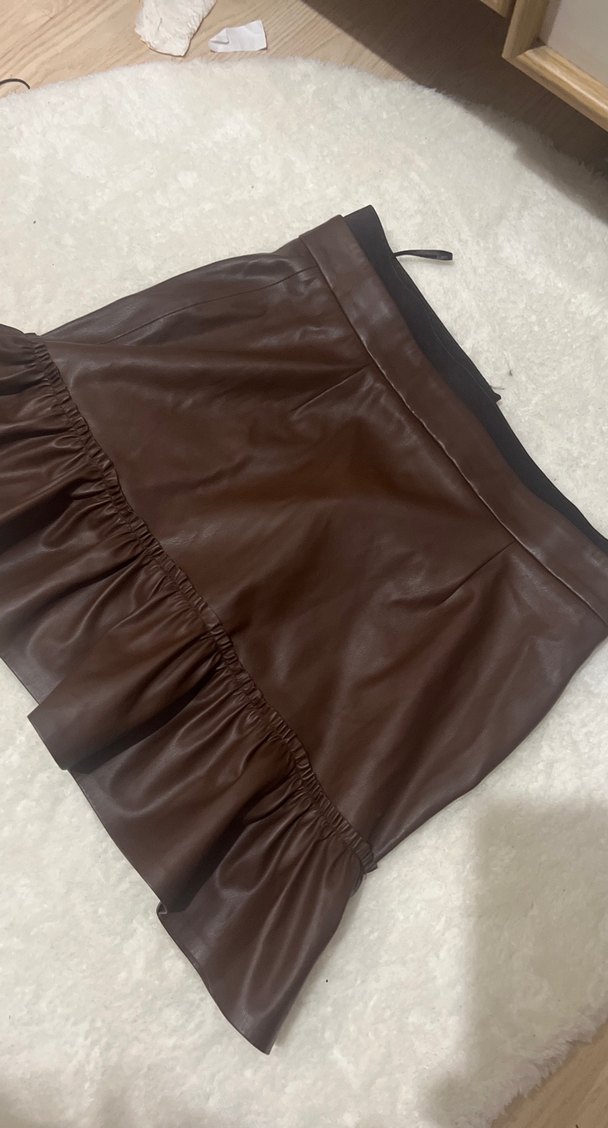 Kahverengi Deri Fırfırlı Midi Etek - Görsel 4