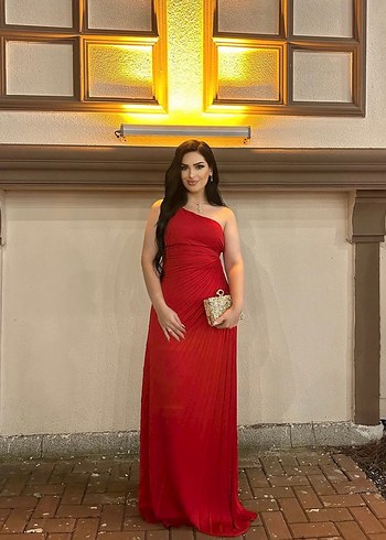 Kırmızı Drapeli Uzun Abiye Elbise - Görsel 3