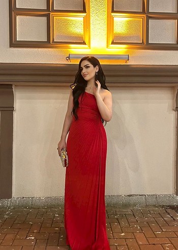 Kırmızı Drapeli Uzun Abiye Elbise - Görsel 2