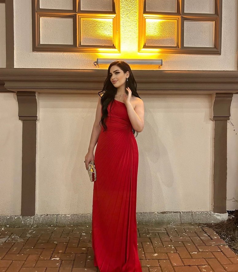 Kırmızı Drapeli Uzun Abiye Elbise - Görsel 2