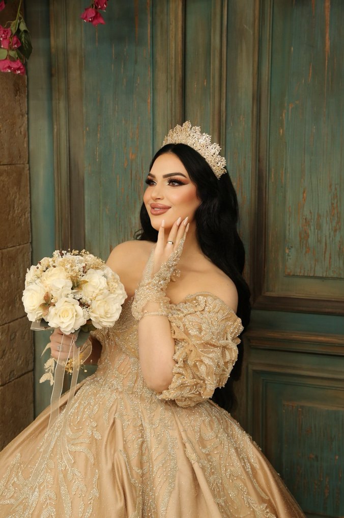 Bej Drapeli Straplez Uzun Kollu Nişan Elbisesi - Görsel 4