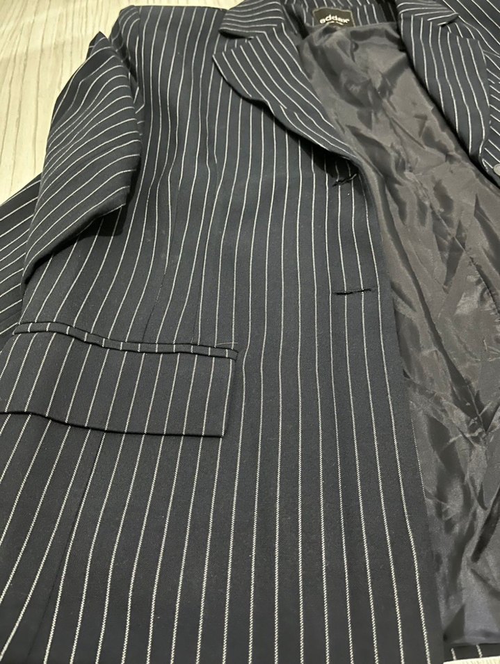 Düğmeli Çizgili Lacivert Kadın Blazer - Görsel 3