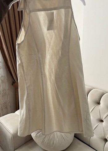 Bej Keten Düğmeli Midi Yelek - Görsel 2