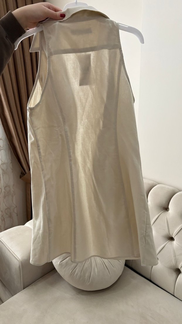 Bej Keten Düğmeli Midi Yelek - Görsel 2