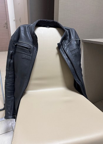 Siyah Deri Biker Ceket, Tokalı, Dar Kesim - Görsel 2