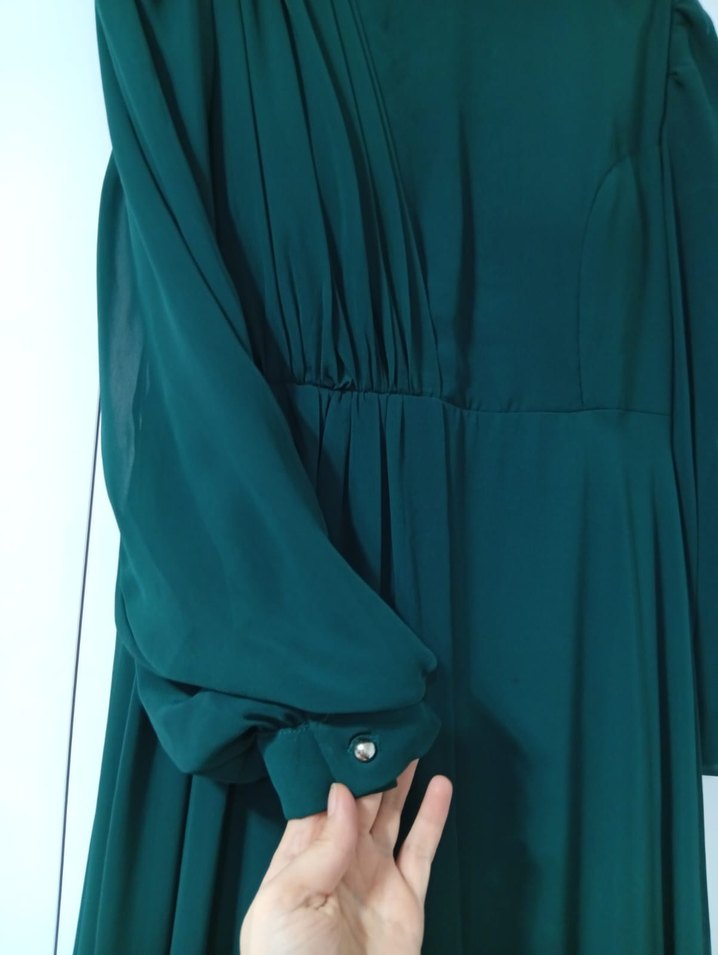 Kadın Yeşil Uzun Kol Drapeli Elbise - Görsel 4