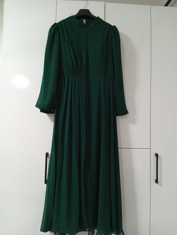 Kadın Yeşil Uzun Kol Drapeli Elbise - Görsel 2