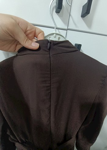 Uzun Kollu Koyu Kahverengi Şifon Elbise - Görsel 6