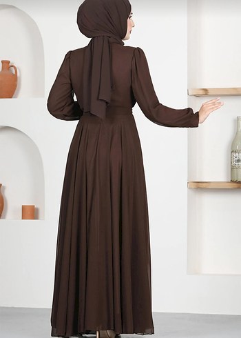 Uzun Kollu Koyu Kahverengi Şifon Elbise - Görsel 2