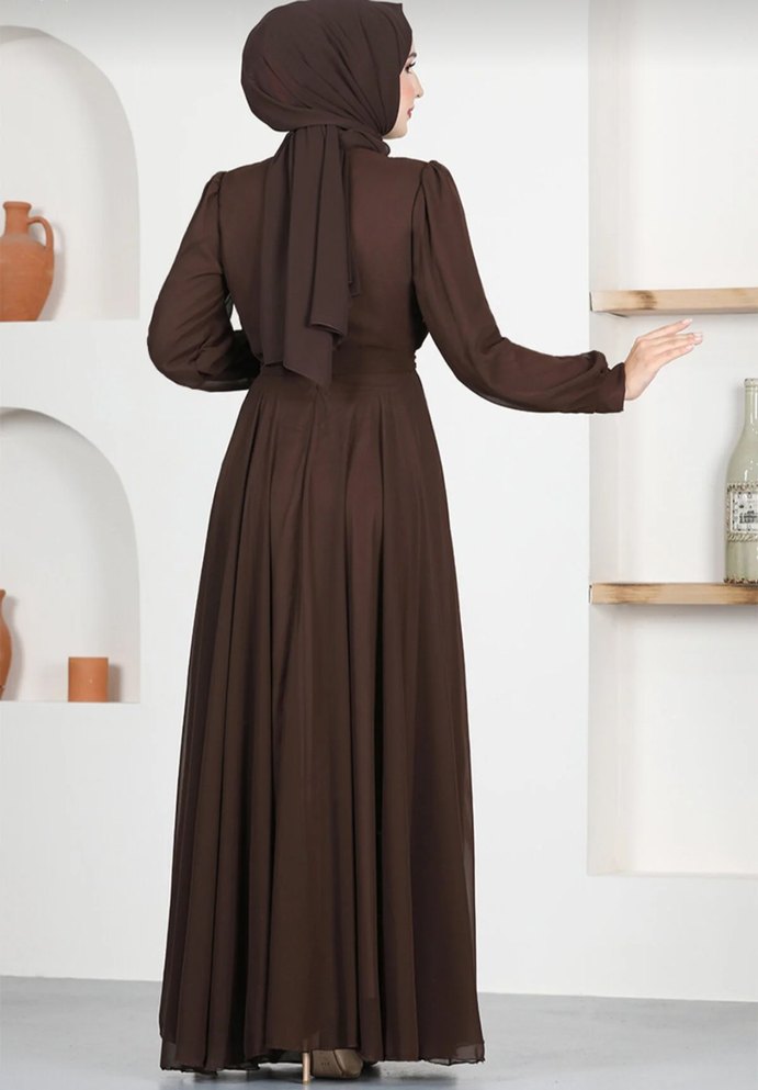 Uzun Kollu Koyu Kahverengi Şifon Elbise - Görsel 2