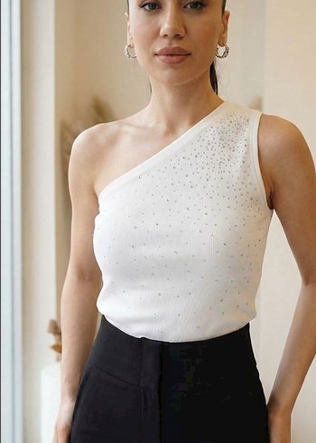 Beyaz Tek Omuz Mini Payetli Bluz - Görsel 2