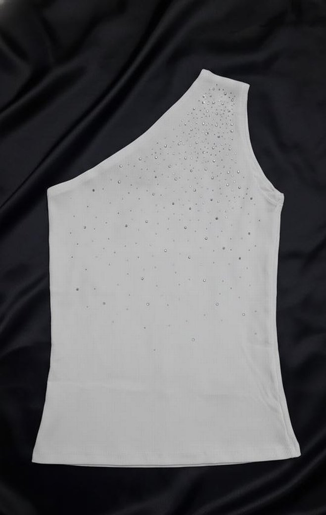 Beyaz Tek Omuz Mini Payetli Bluz - Görsel 4