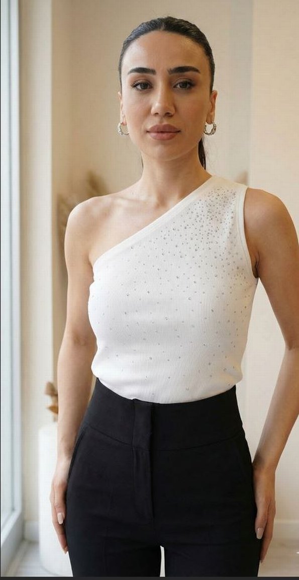 Beyaz Tek Omuz Mini Payetli Bluz - Görsel 2