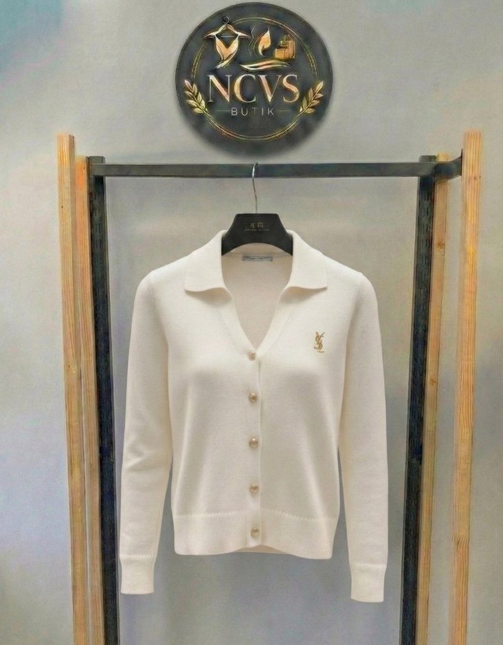 YSL Düğmeli Triko Beyaz Kadın Hırka - Görsel 3