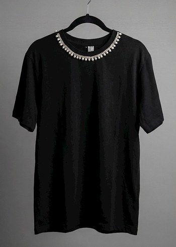 H&M Siyah İnci Yaka Detaylı Kadın Tişört - Görsel 3