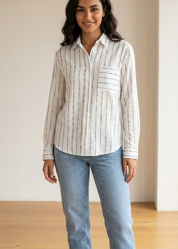 Kadın Bej Çizgili Uzun Kollu Gömlek - Görsel 2