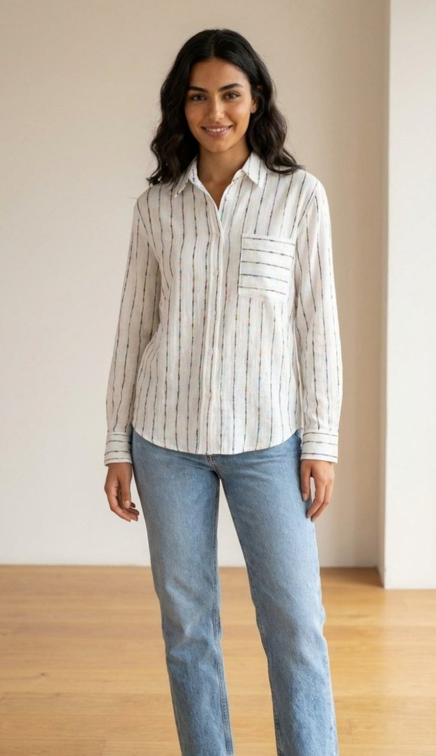 Kadın Bej Çizgili Uzun Kollu Gömlek - Görsel 2