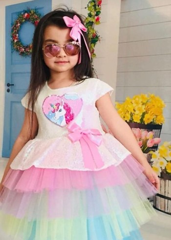 Unicorn Çok Renkli Kız Çocuk Kat Kat Tül Elbise - Görsel 2