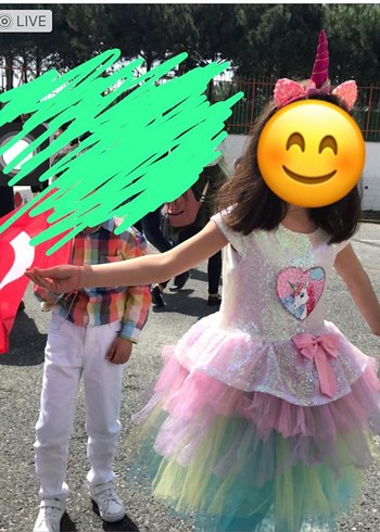 Unicorn Çok Renkli Kız Çocuk Kat Kat Tül Elbise - Görsel 3