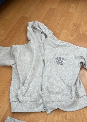 Gri Kapüşonlu Fermuarlı Kız Eşofman Takımı - Görsel 2