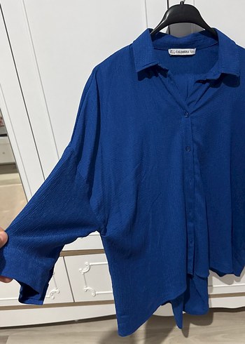 Uzun düşük omuz Mavi Keten Kadın Gömlek - Görsel 3