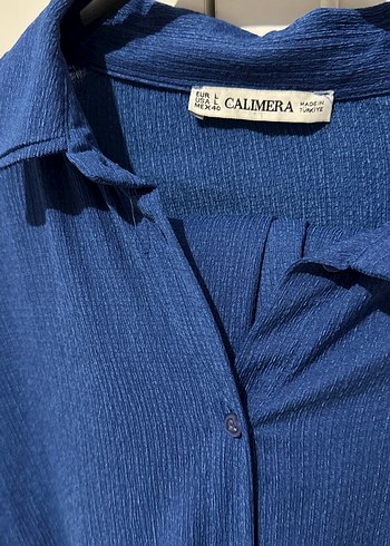 Uzun düşük omuz Mavi Keten Kadın Gömlek - Görsel 2