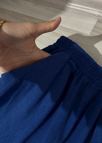 Uzun düşük omuz Mavi Keten Kadın Gömlek - Görsel 5