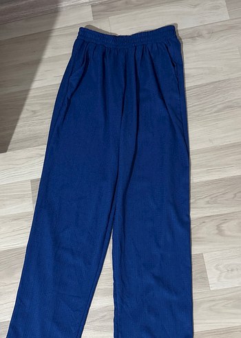 Uzun düşük omuz Mavi Keten Kadın Gömlek - Görsel 4