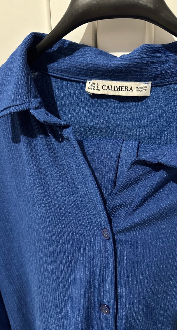 Uzun düşük omuz Mavi Keten Kadın Gömlek - Görsel 2