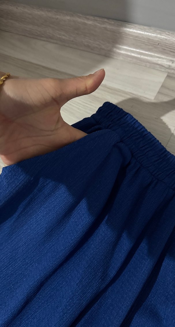 Uzun düşük omuz Mavi Keten Kadın Gömlek - Görsel 5