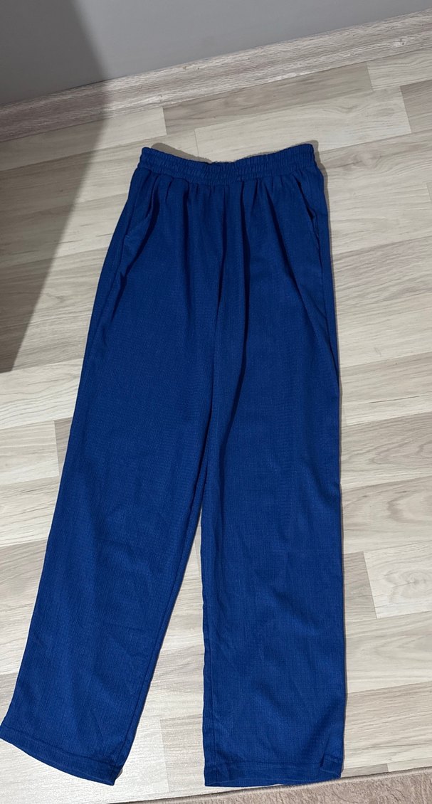 Uzun düşük omuz Mavi Keten Kadın Gömlek - Görsel 4