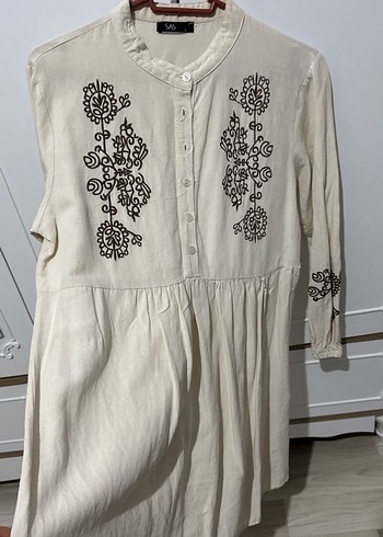 Nakışlı Uzun Kollu Gri Keten Bohem Tunik - Görsel 3