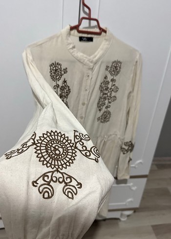 Nakışlı Uzun Kollu Gri Keten Bohem Tunik - Görsel 2