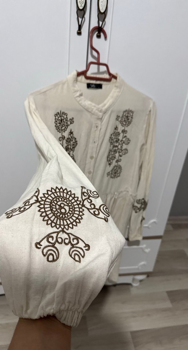 Nakışlı Uzun Kollu Gri Keten Bohem Tunik - Görsel 2