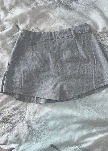 Gri Mini Pilili Keten Şort etek - Görsel 3