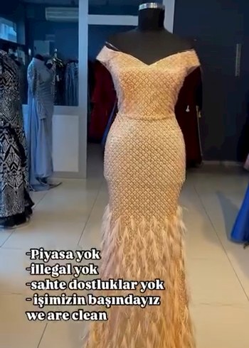 Bej V Yakalı Uzun Kadın Abiye Elbise - Görsel 2