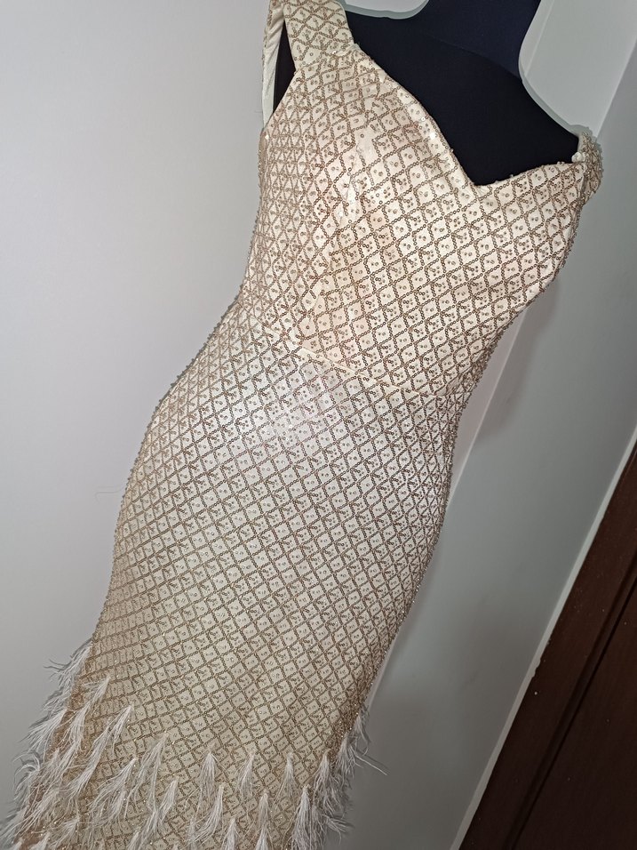 Bej V Yakalı Uzun Kadın Abiye Elbise - Görsel 5