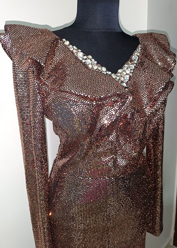 Kahverengi Parlak Payetli Uzun Abiye Elbise - Görsel 3