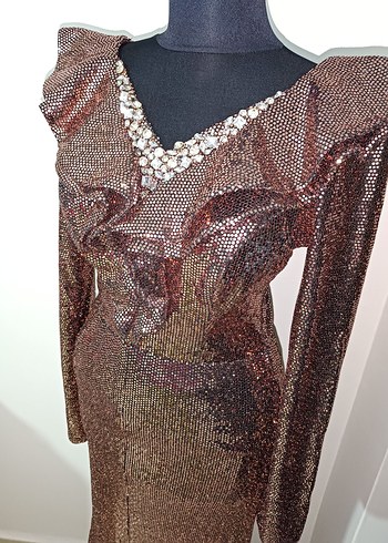 Kahverengi Parlak Payetli Uzun Abiye Elbise - Görsel 4