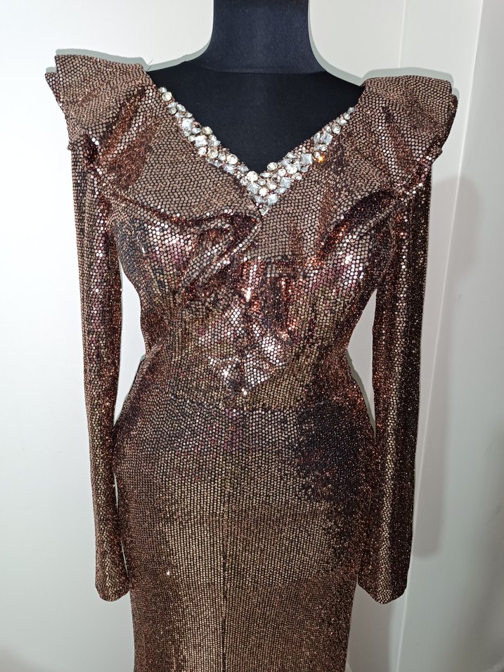 Kahverengi Parlak Payetli Uzun Abiye Elbise - Görsel 2