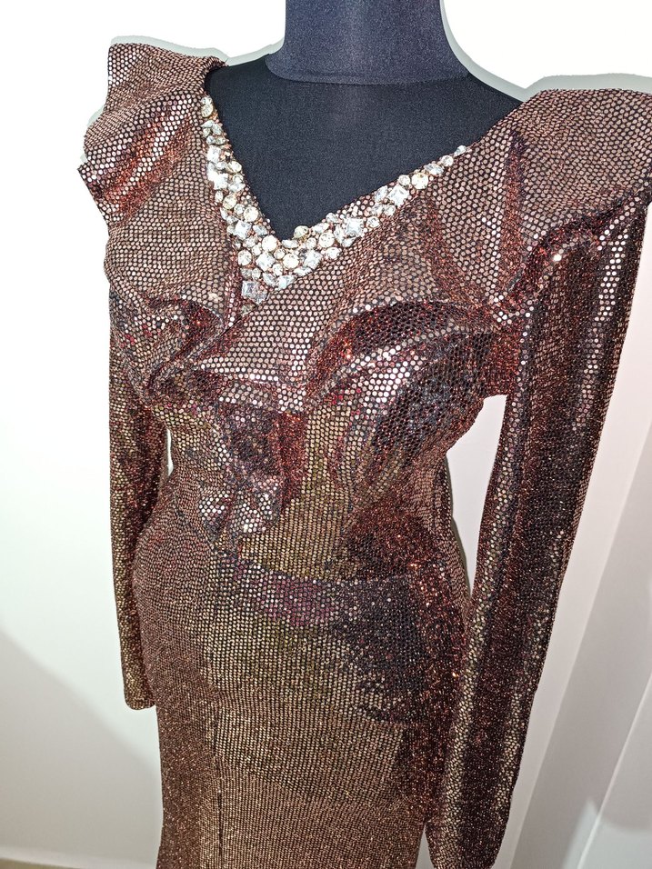 Kahverengi Parlak Payetli Uzun Abiye Elbise - Görsel 4