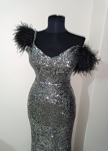 Gri Payetli Uzun Abiye Elbise - Görsel 2