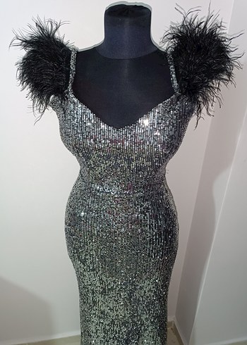 Gri Payetli Uzun Abiye Elbise - Görsel 4