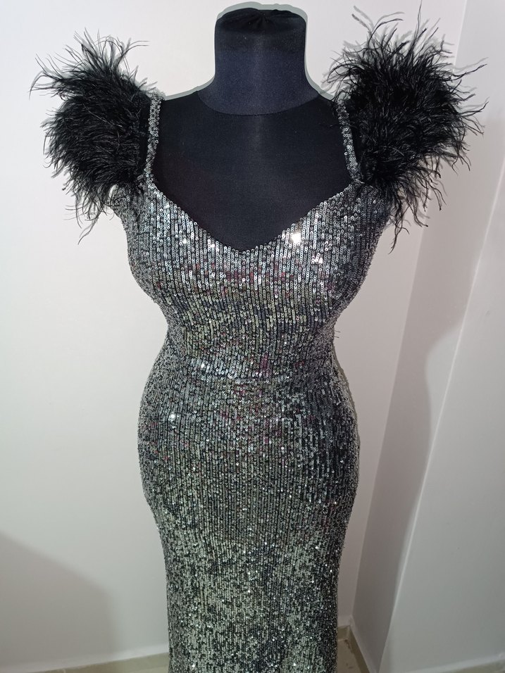 Gri Payetli Uzun Abiye Elbise - Görsel 4