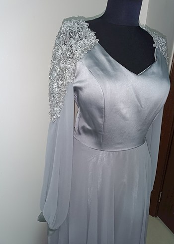 Gri Nakışlı Uzun Kollu Kadın Abiye Elbise - Görsel 2