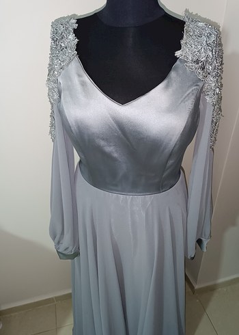 Gri Nakışlı Uzun Kollu Kadın Abiye Elbise - Görsel 4