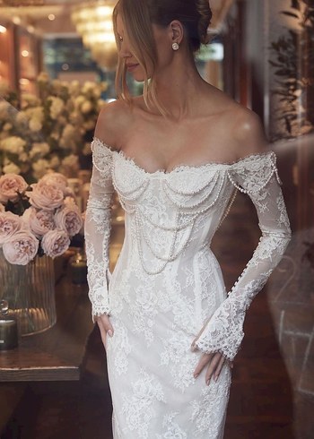 Dantel İşlemeli Uzun Kollu Beyaz Denizkızı Gelinlik - Görsel 4